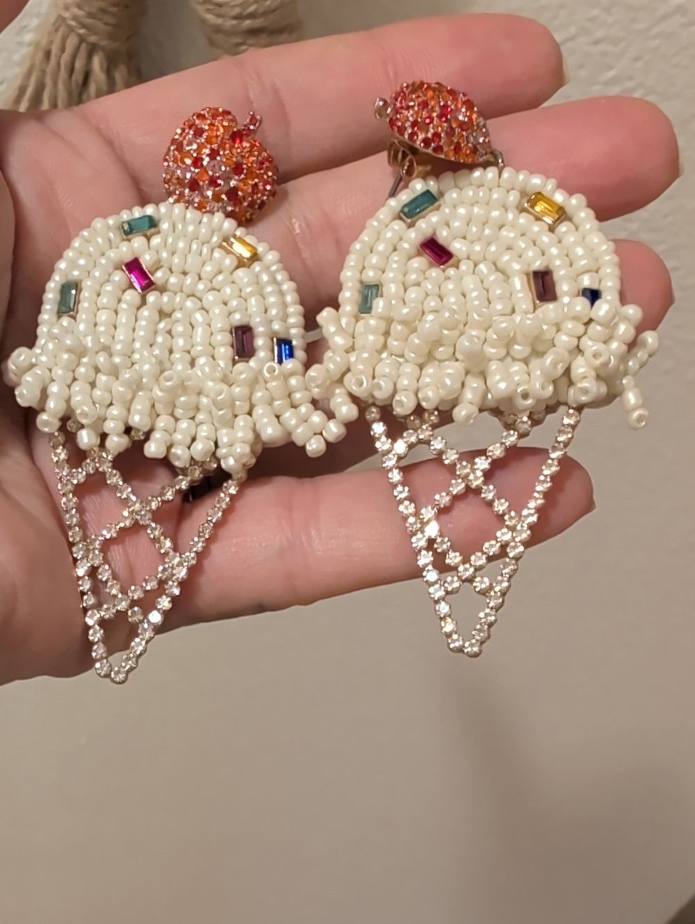 Beaded Ice Cream Cone Statement Earrings with Sparkling Apple Studs